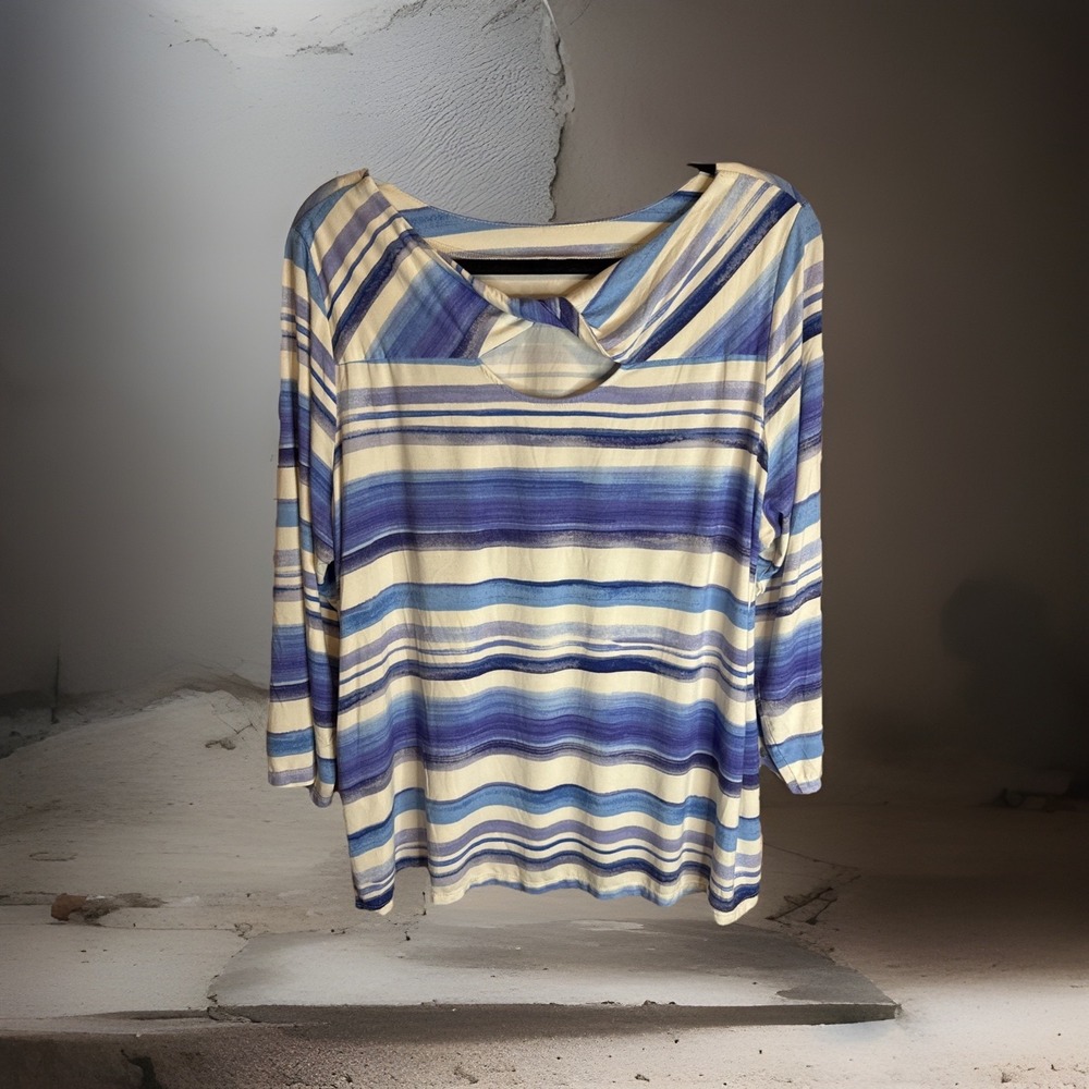 Susan Graver Top Womens Size 1X Blue Striped Weekend Scoop Neck